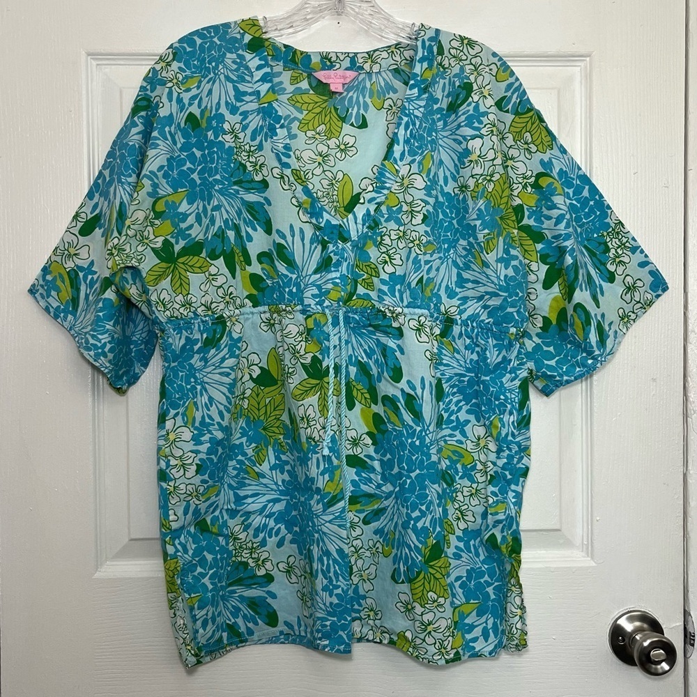 LILLY PULITZER Floral Blue and Green Tunic Drawstring Waist Top | size Medium